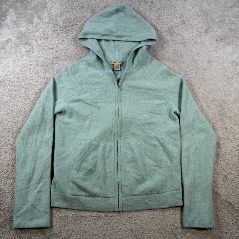 Vertical Design Hoodie Sweater Women XL (Fit Small) Green 100% Cashmere Full Zip